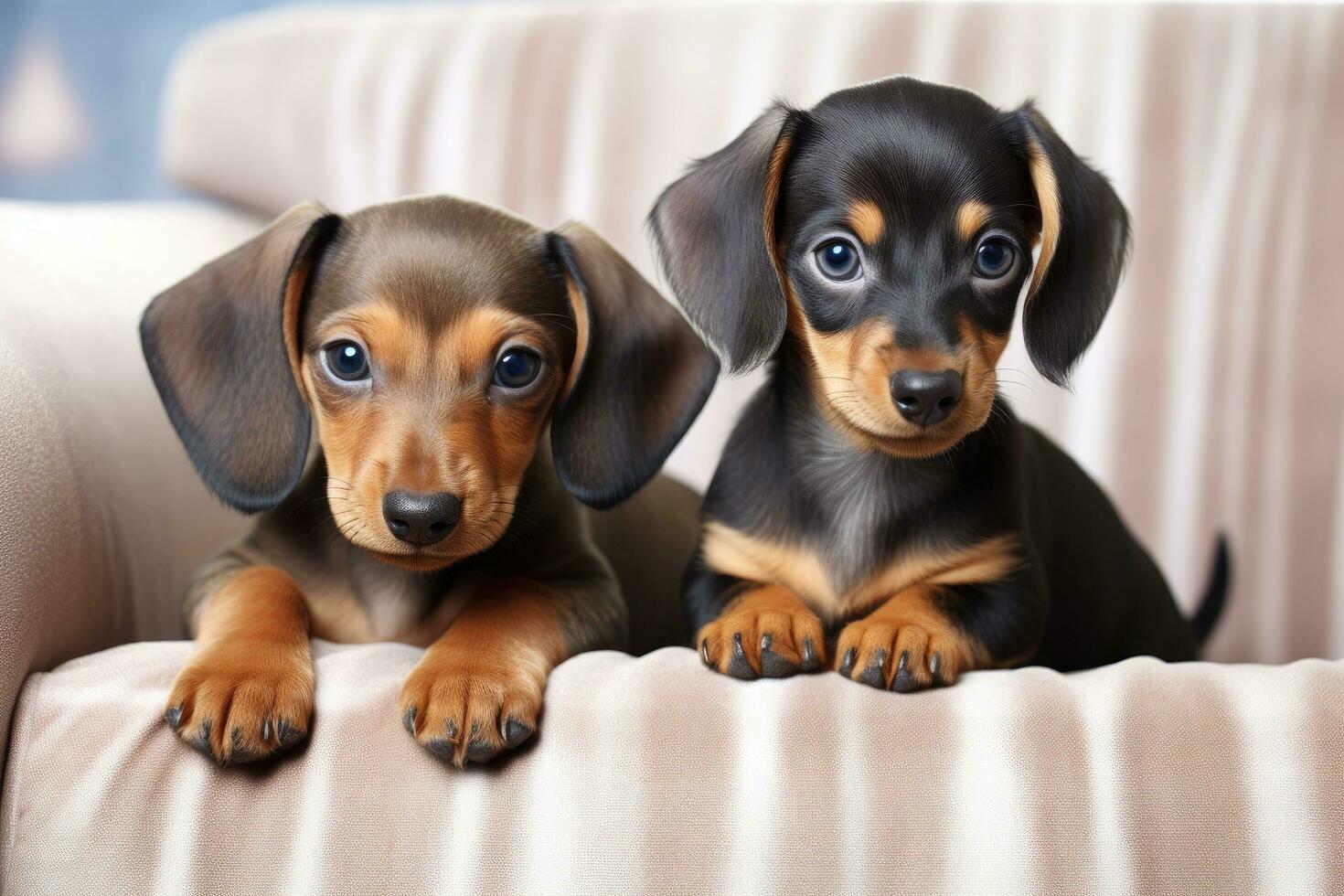 fofa dachshund filhotes em sofá, em luz fundo, dachshund cachorro e malhado gatinho em uma branco sofá, ai gerado foto