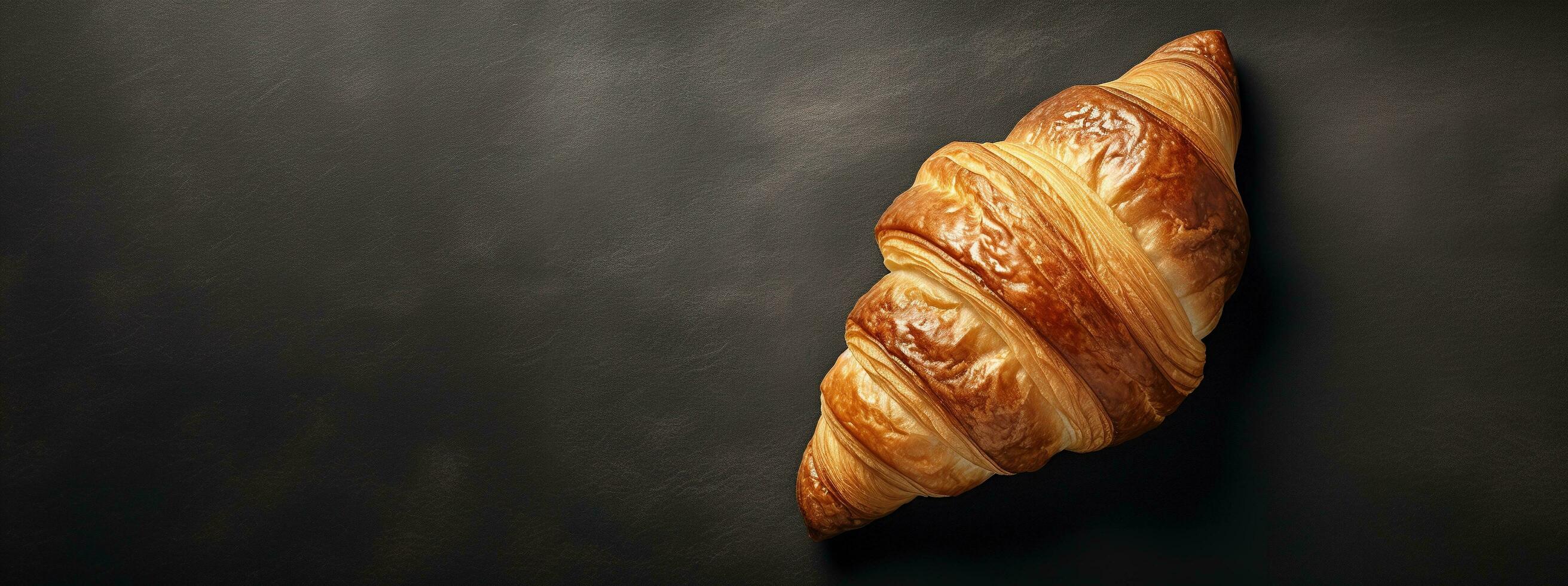 generativo ai, fresco croissant em Sombrio fundo com cópia de espaço, francês padaria foto