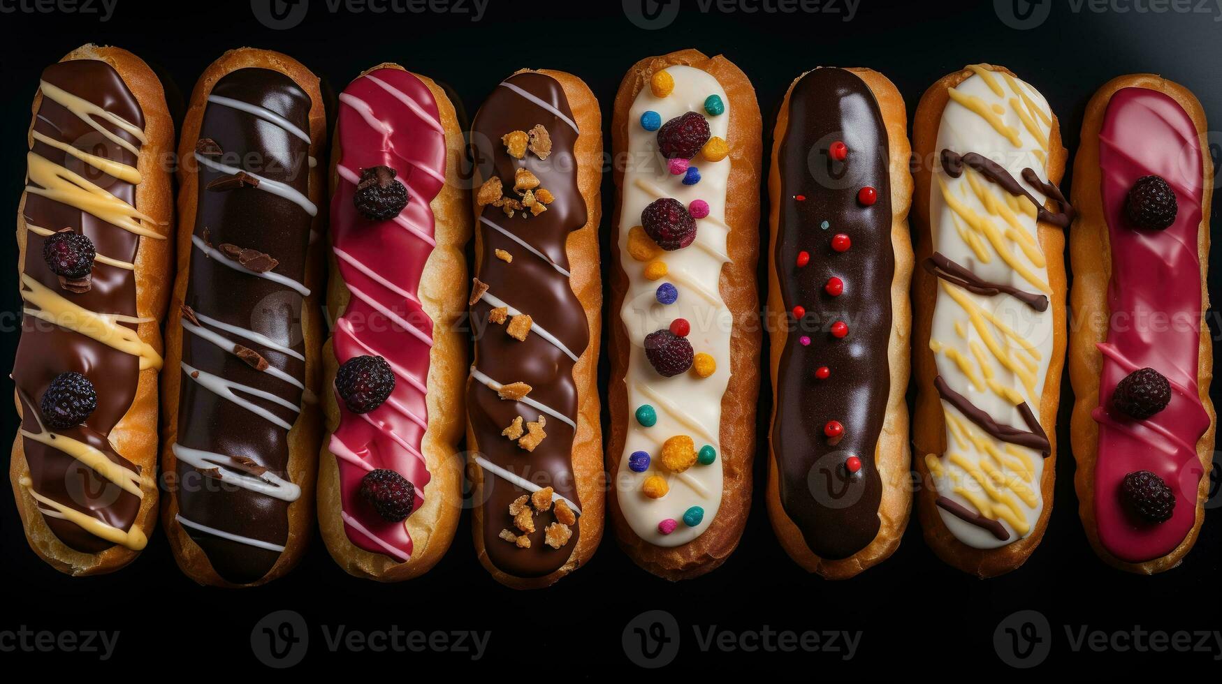 generativo ai, sortimento do éclairs, topo visualizar, doce Comida. tradicional francês sobremesa foto