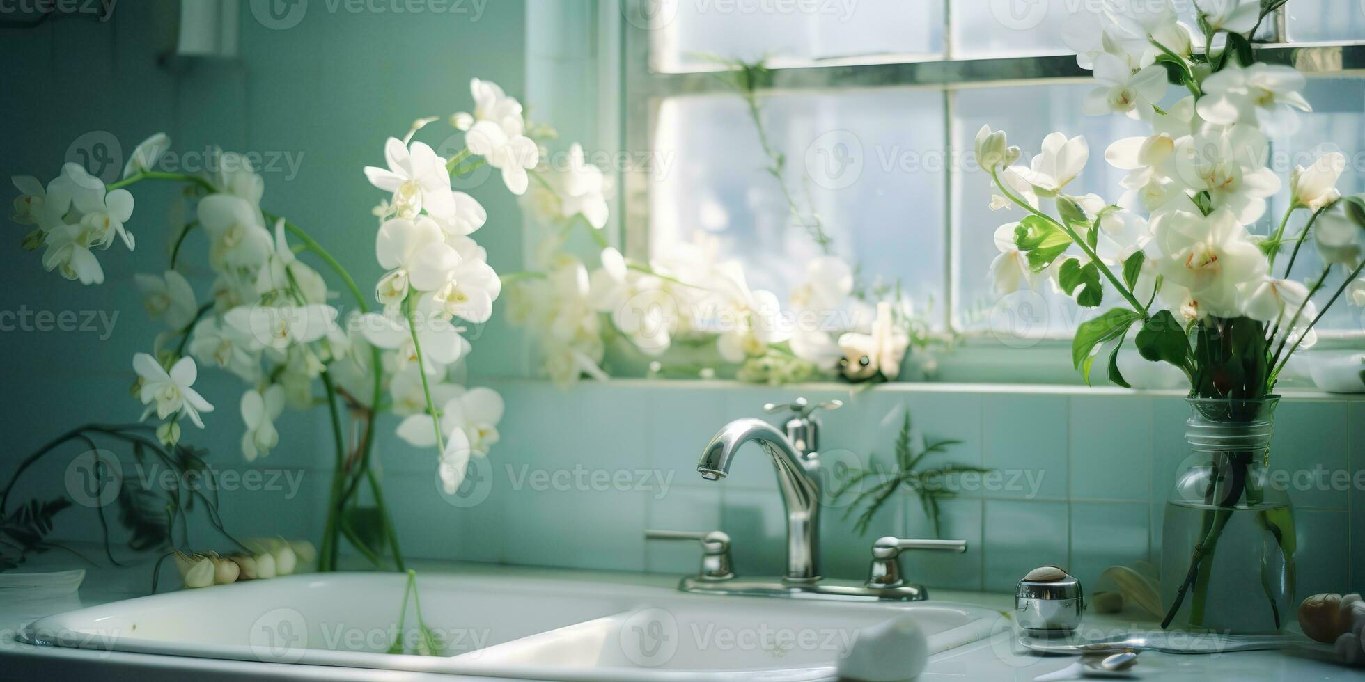 ai gerado. ai generativo. branco moderno mínimo branco luxo Pia banheiro cozinha com espelho e plantar flor. gráfico arte foto