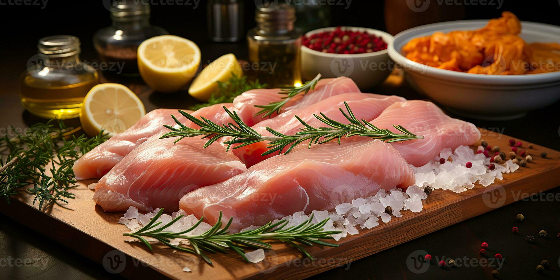 ai gerado. ai generativo. cru frango pássaro filé carne em mesa cozinhando refeição. gráfico arte foto