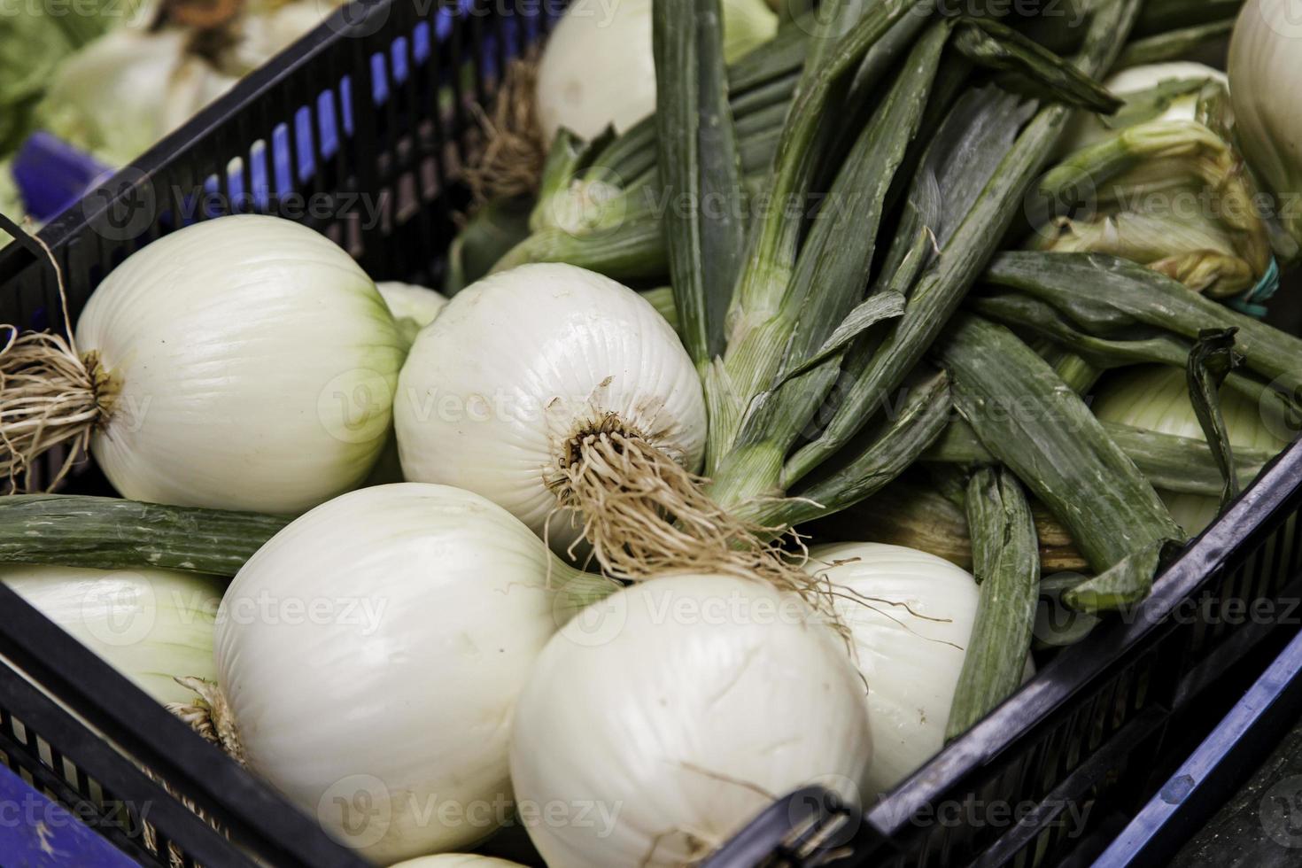 cebolas frescas em um mercado tradicional foto