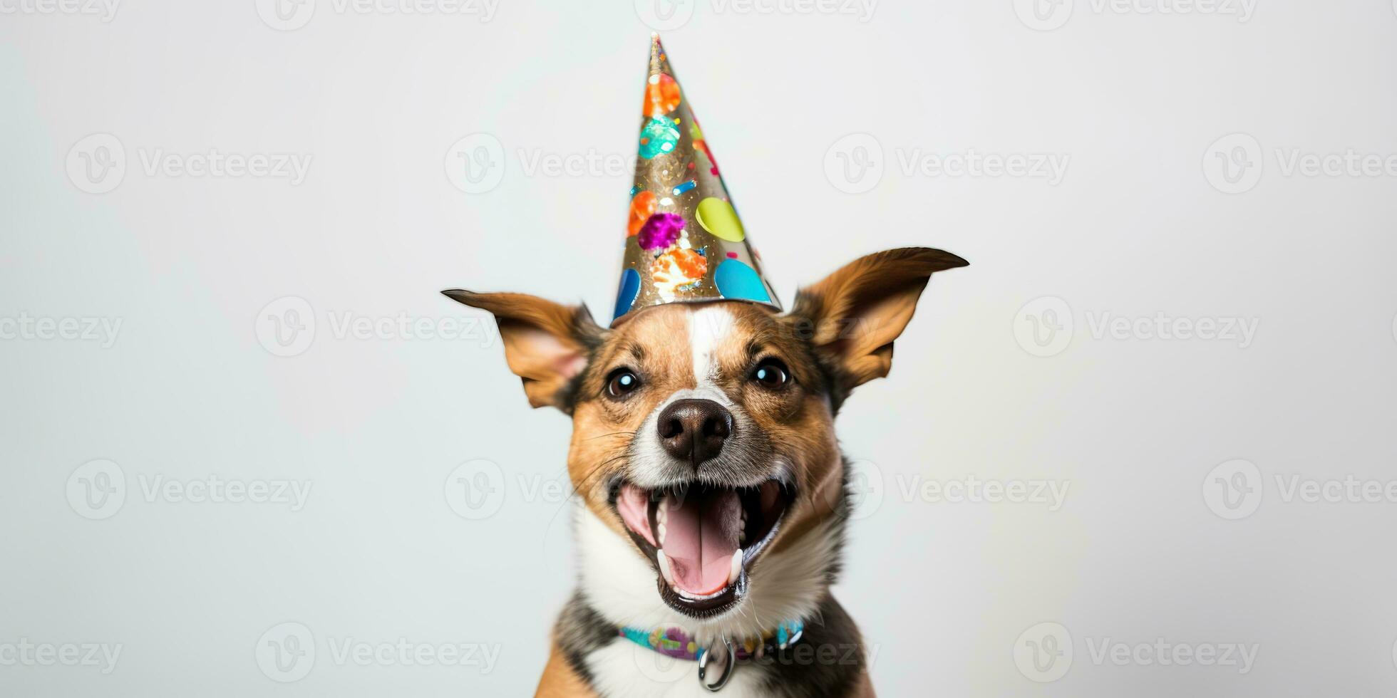 ai gerado. ai generativo. fofa engraçado cachorro animal dentro aniversário festa chapéu celebração. gráfico arte foto