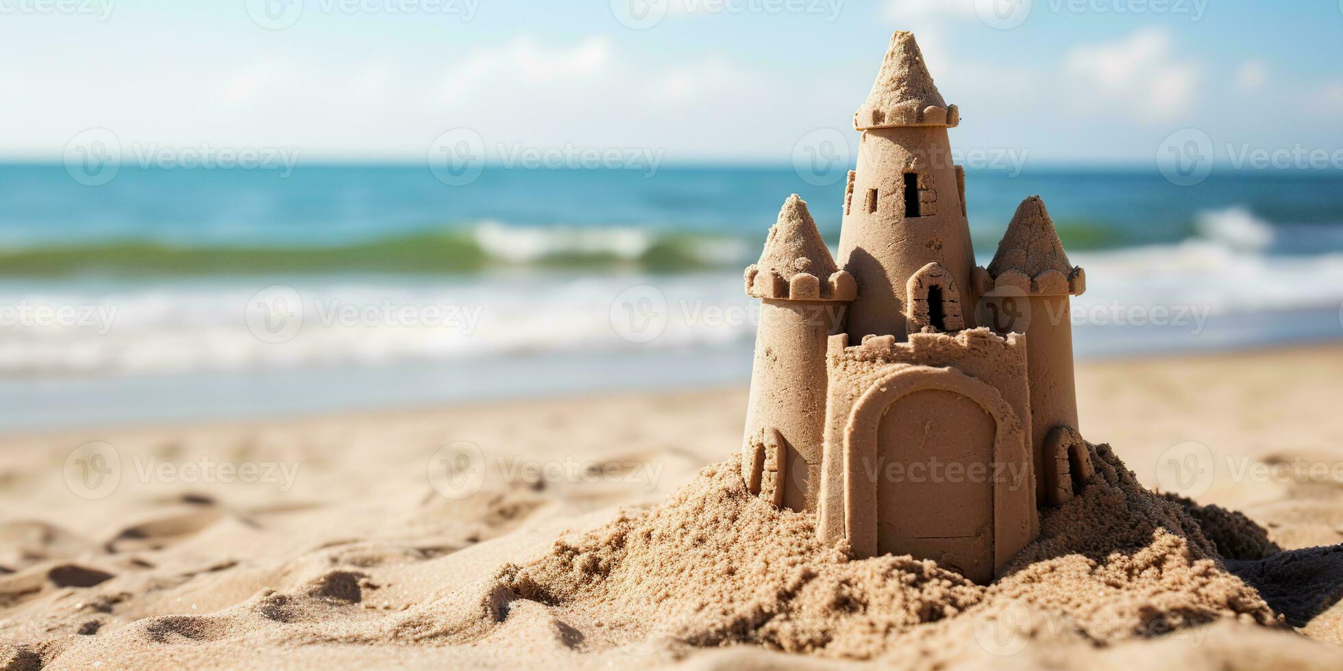 ai gerado. ai generativo. lindo forte areia castelo. período de férias calafrio mar oceano vibe. gráfico arte foto