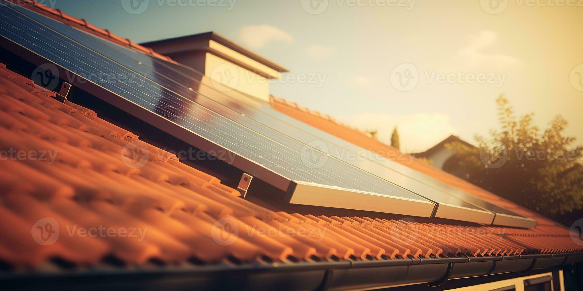 generativo ai, solar painéis em construção teto, limpar \ limpo ecológico eletricidade às pôr do sol, renovável energia conceito foto