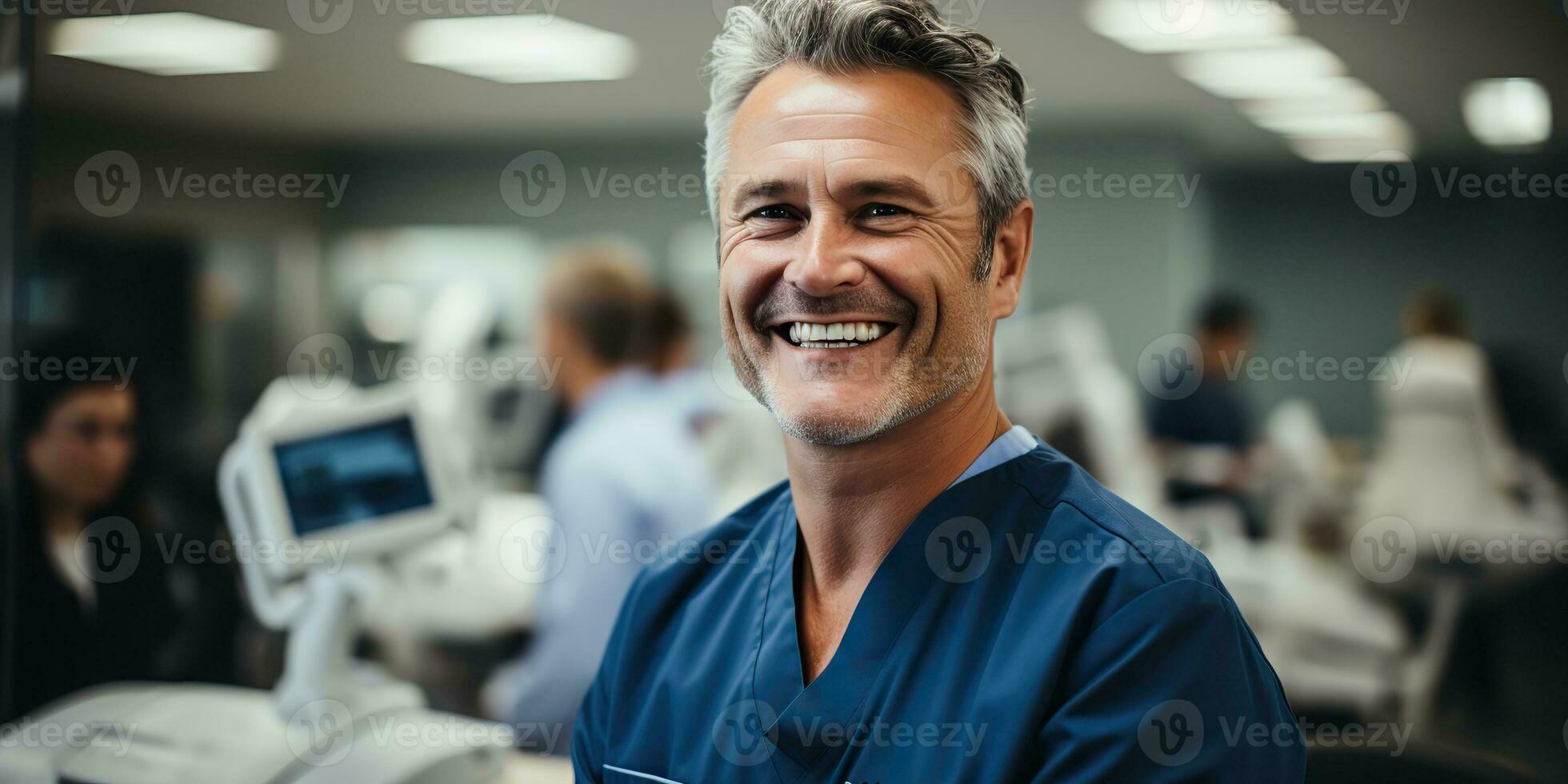 ai gerado. ai generativo. adulto masculino homem médico dentista face retrato às trabalhos lugar. saúde Cuidado hospital Centro. gráfico arte foto