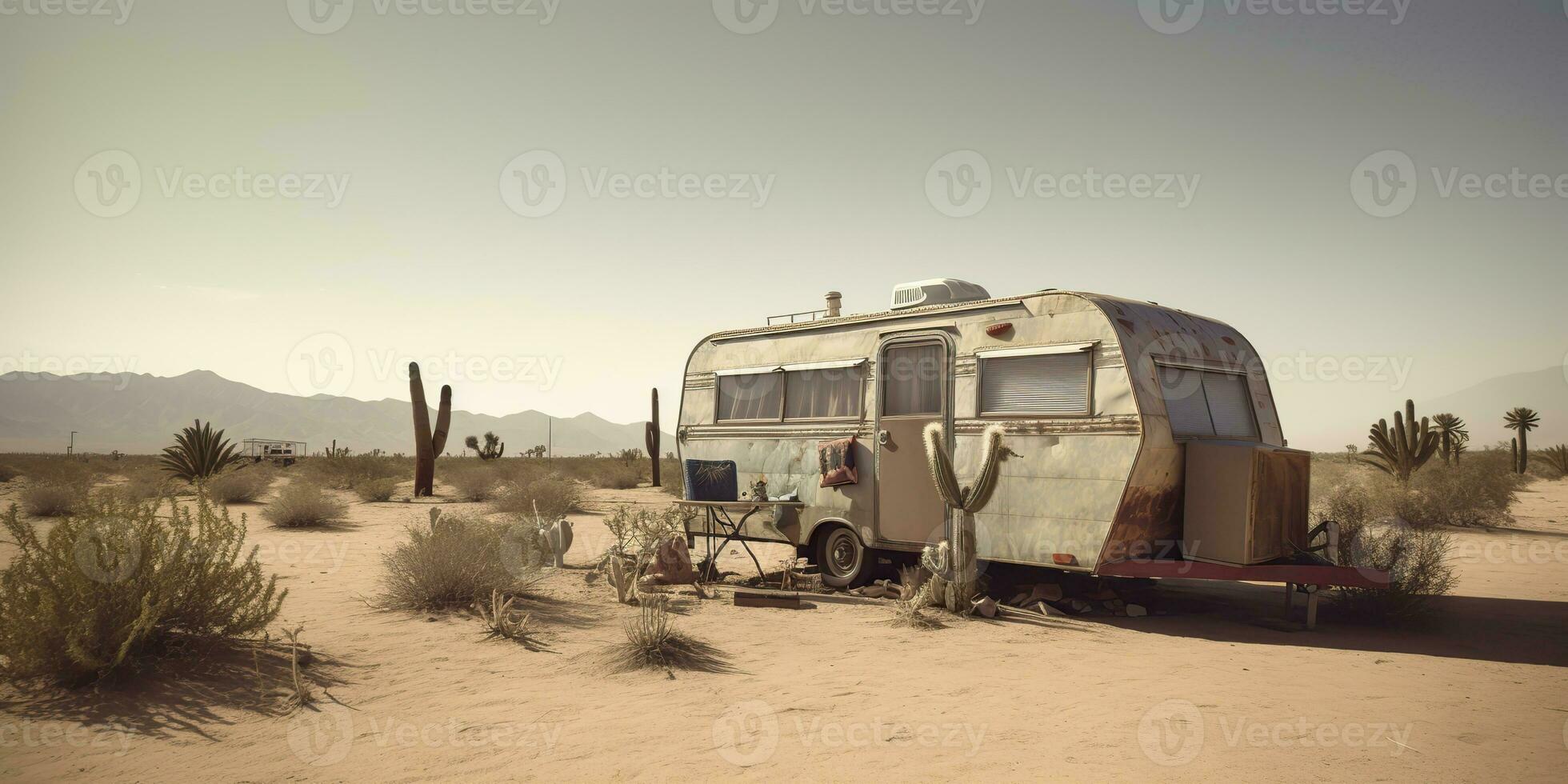 ai gerado. ai generativo. velho metal rústico abandonado vintage campista rv carro casa dentro deserto. aventura fundo estilo de vida. gráfico arte foto