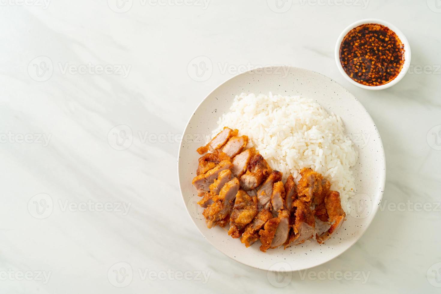 porco frito coberto com arroz com molho picante foto