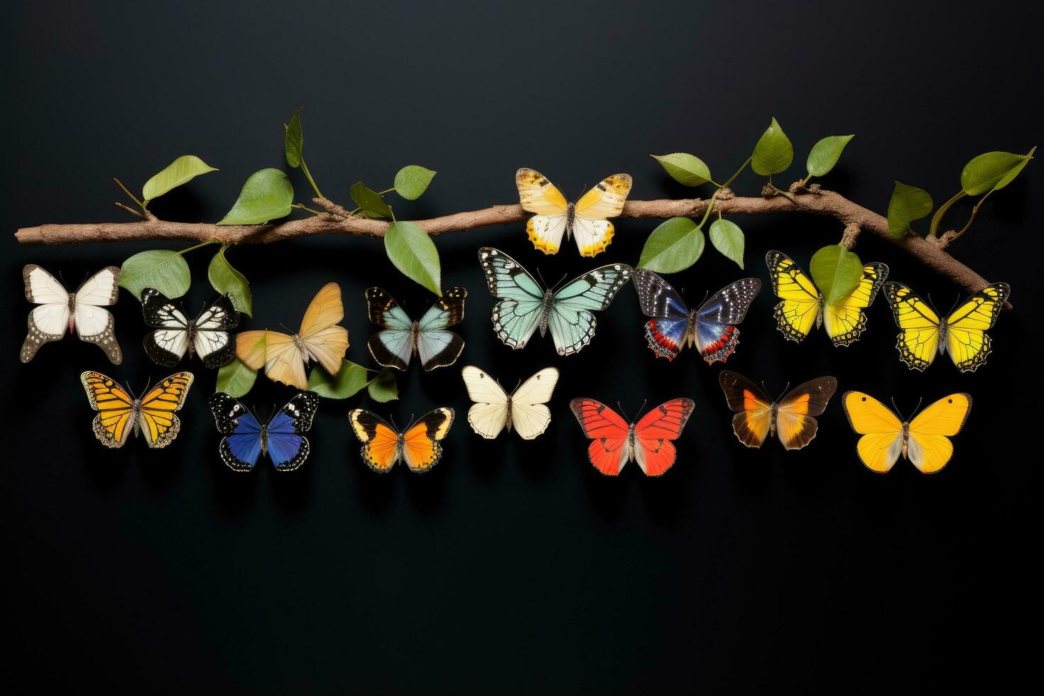 borboletas do diferente cores em uma ramo em uma Preto fundo, diferente tipos do borboletas sentado em uma grudar, branco fundo, ai gerado foto
