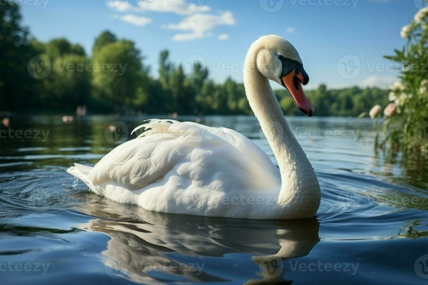 gracioso cisne serenamente desliza através uma tranquilo verão lago ai gerado foto