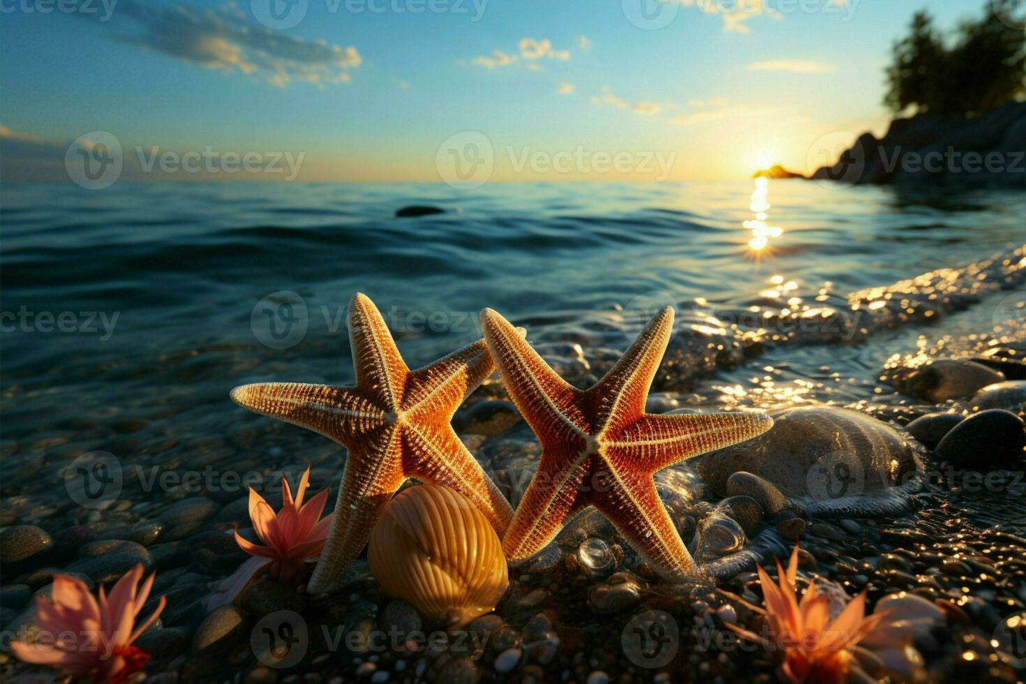 pôr do sol abraçar, dois estrelas do mar encontrar repouso em arenoso de praia de tranquilo mar ai gerado foto