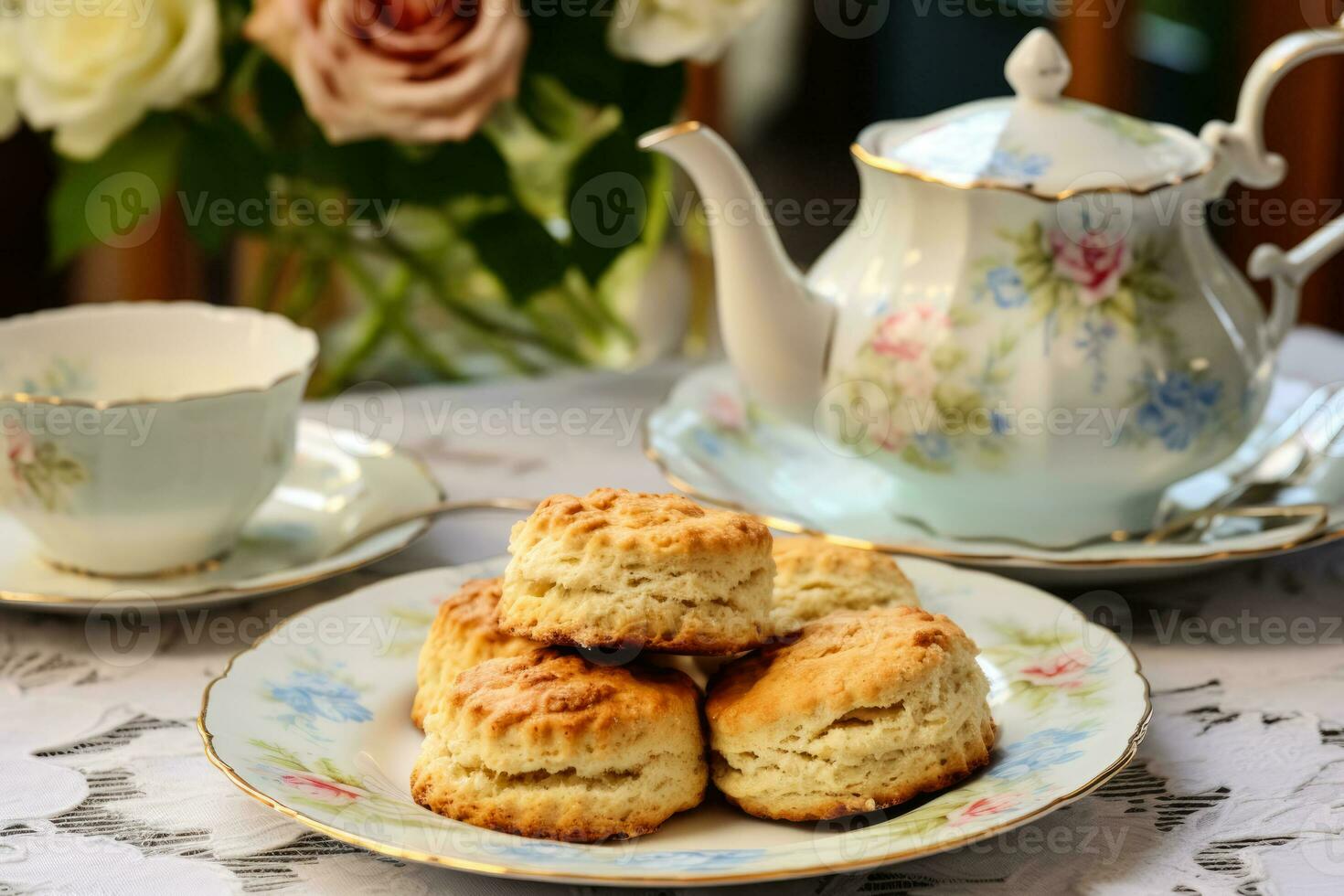 pitoresco café da manhã com caseiro scones em vintage China fundo com esvaziar espaço para texto foto