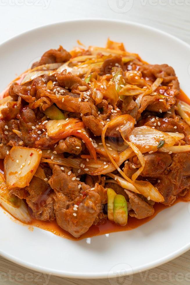 Carne de porco frita com pasta picante coreana e kimchi - comida ao estilo coreano foto