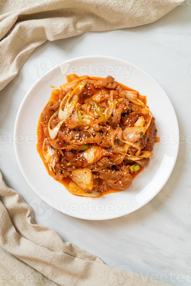 Carne de porco frita com pasta picante coreana e kimchi - comida ao estilo coreano foto