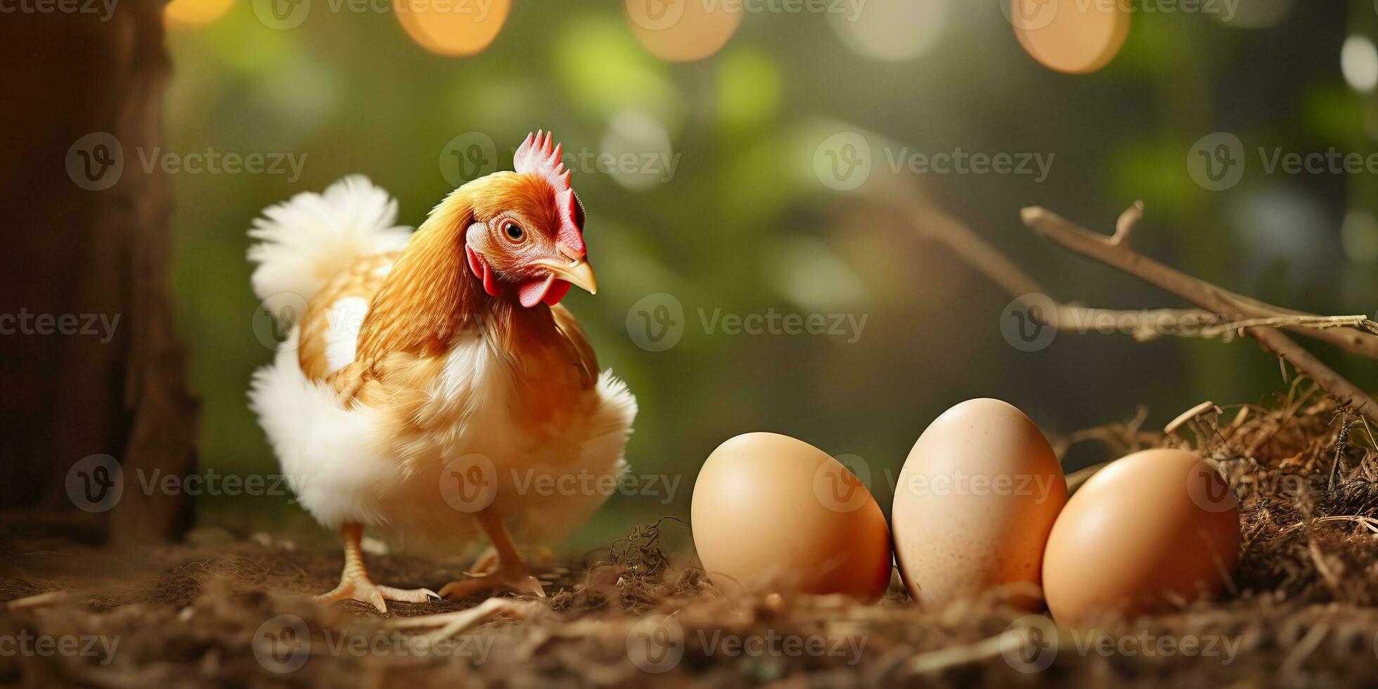 ai gerado. ai generativo. orgânico eco frango galo e ovo às campo Fazenda fundo. gráfico arte foto