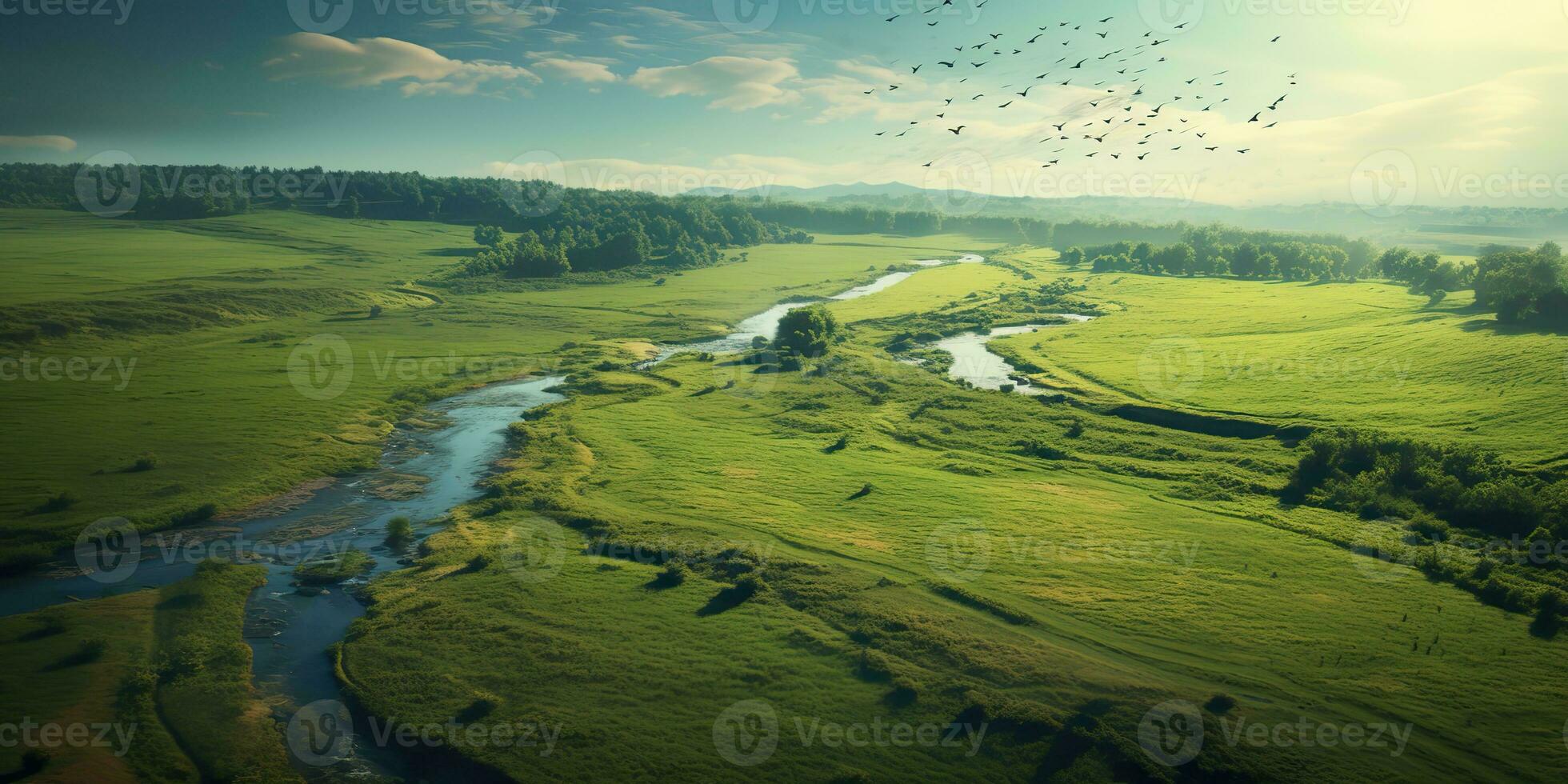 ai gerado. ai generativo. surpreendente aéreo zangão Visão natureza ao ar livre floresta campo Prado com rio e pássaros dentro a céu. gráfico arte foto