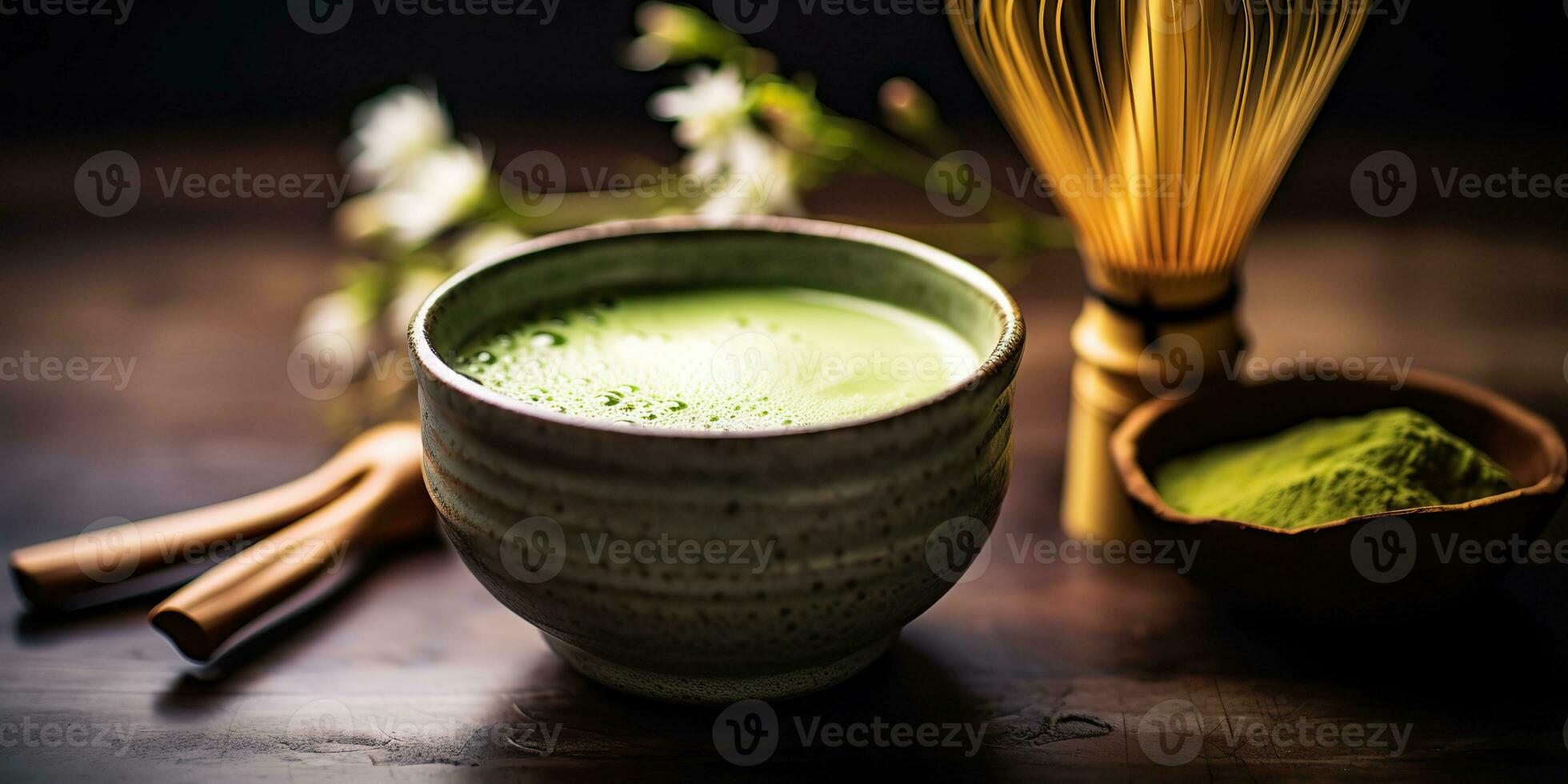 ai gerado. ai generativo. tradicional japonês ásia matcha chá cerimônia. tigela, de madeira seco orgânico colher pó. gráfico arte foto