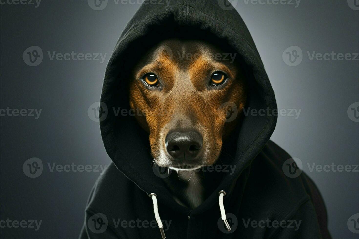 uma contemplativo cachorro desgasta uma encapuzado Preto algodão capuz, olhando introspectivo ai gerado foto