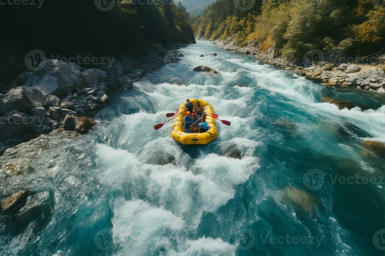 a aéreo perspectiva revela emoção buscadores rafting baixa uma montanha rio ai gerado foto