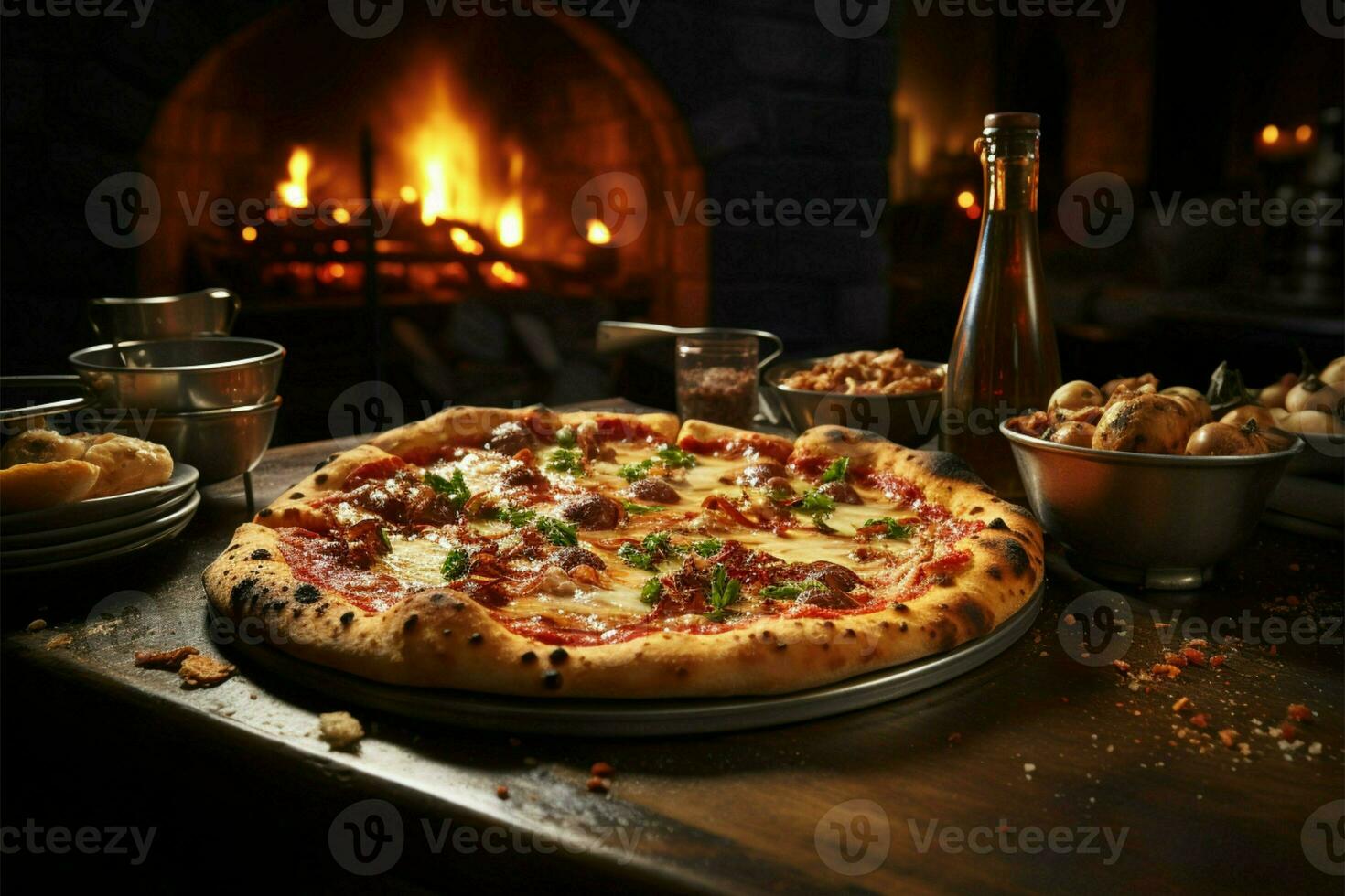 autêntico pizzaria ambiente, pizza de pedra fogão com rugindo fogo, tradicional charme ai gerado foto