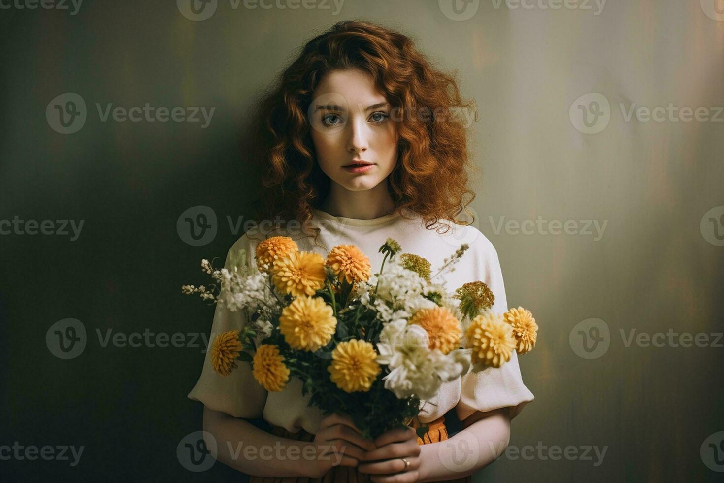 uma menina dentro dela 20s com uma ramalhete do flores generativo de ai foto