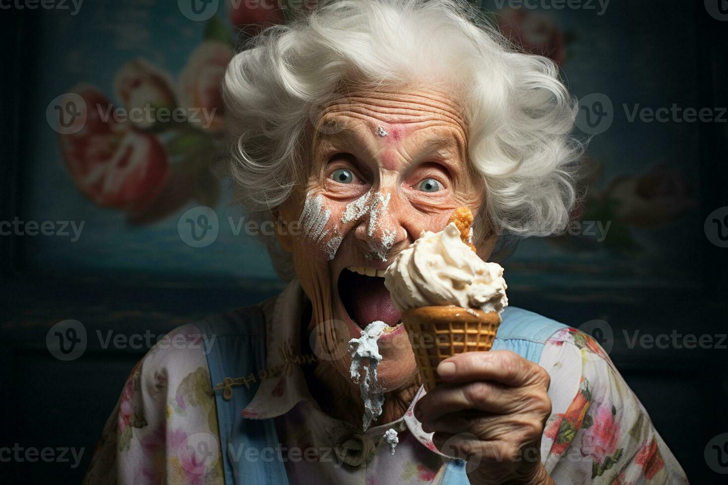 idosos mulher desfrutando gelo creme. generativo de ai foto
