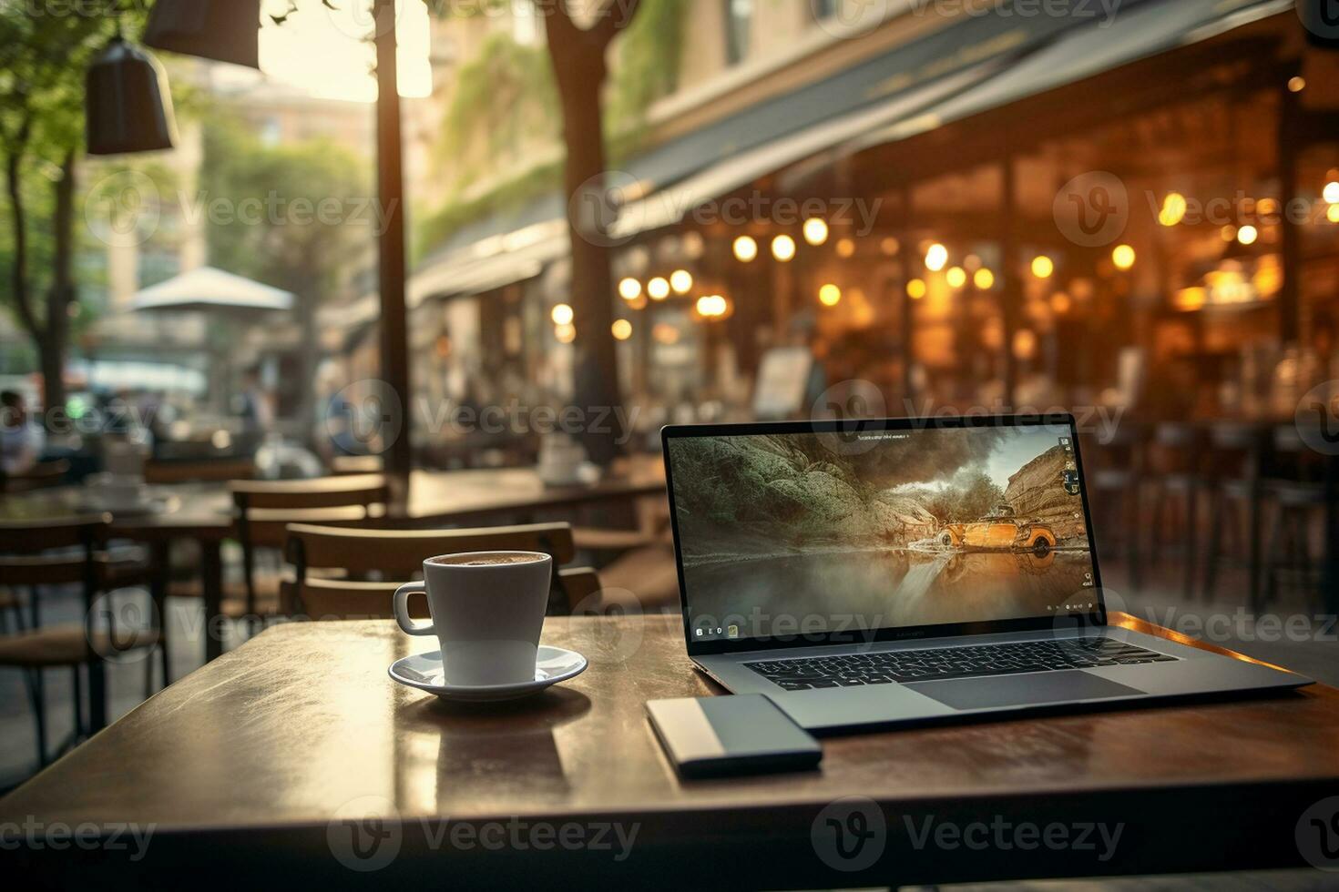 computador portátil e café dentro a café fazer compras. generativo de ai foto