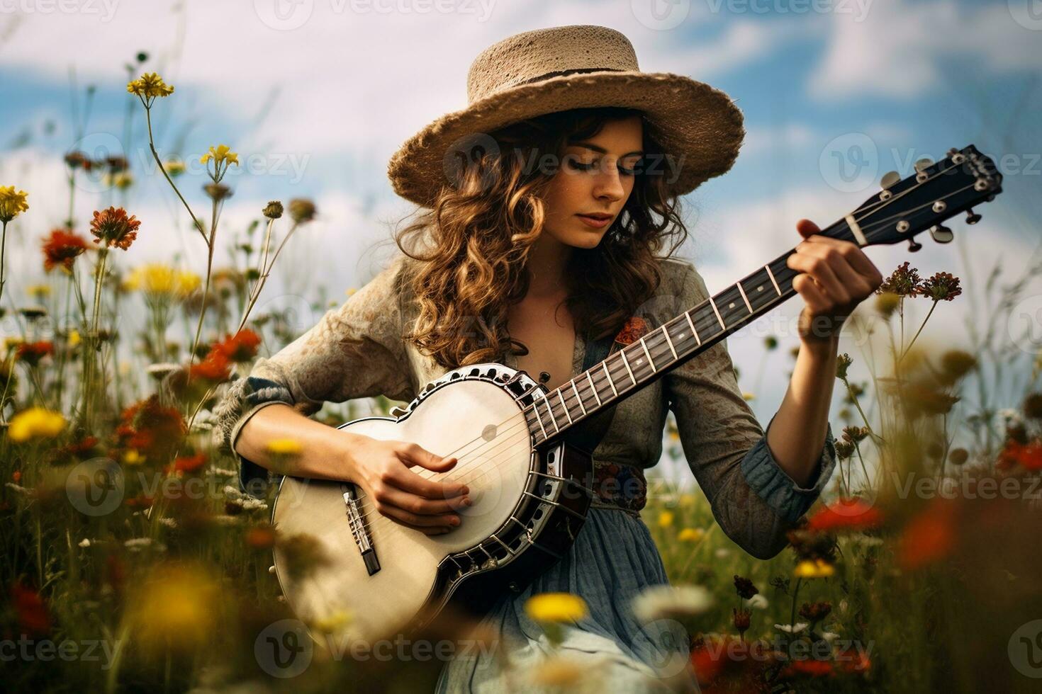 feminino mulher jogando banjo dentro flores silvestres. generativo de ai foto