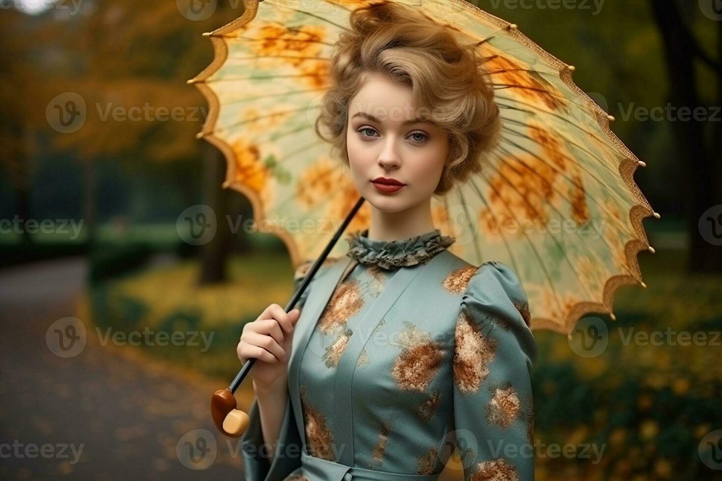 retrato do uma lindo jovem mulher dentro vintage vestir com Eterno elegância. generativo de ai foto