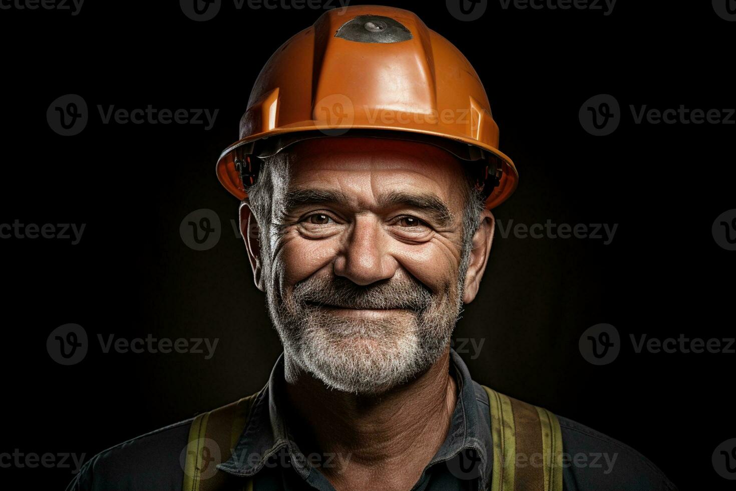 retrato do uma feliz maduro homem dentro uma construção capacete. generativo de ai foto