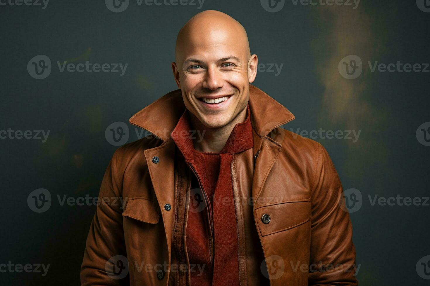retrato do uma sorridente jovem homem dentro uma Castanho jaqueta. generativo de ai foto