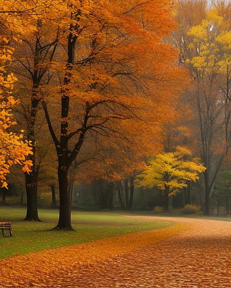 foto estrada é cercado de árvores com colorida folhas durante outono gerado por IA