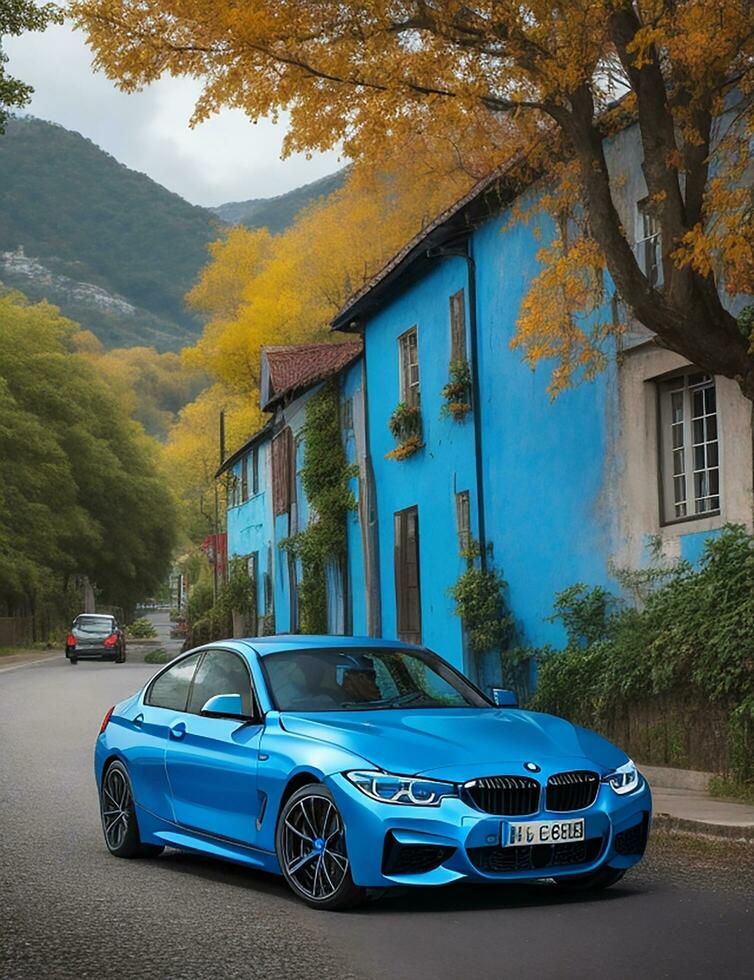 uma lindo BMW carro dentro uma lindo configuração foto