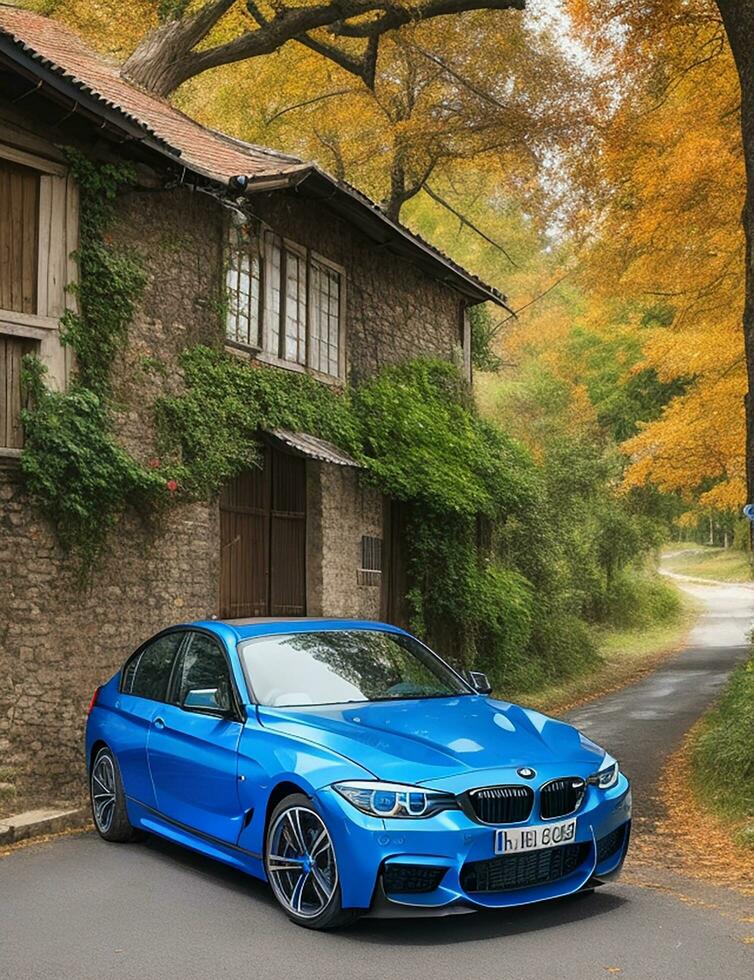 uma lindo BMW carro dentro uma lindo configuração foto