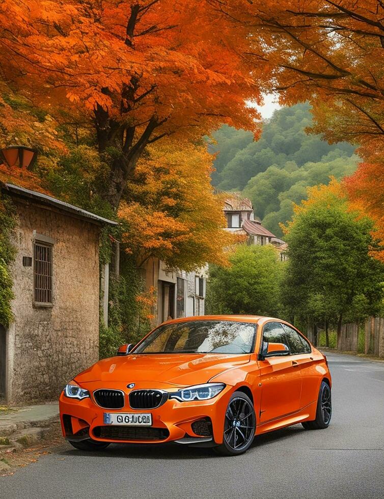 BMW carro em a lado do a cidade estrada ai foto