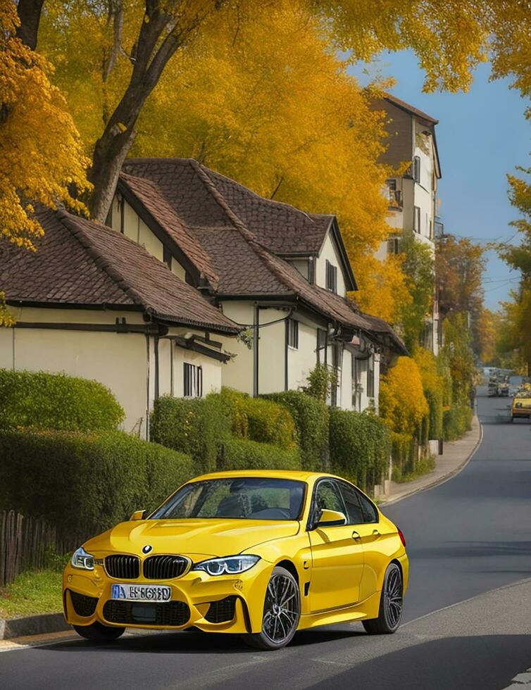 uma lindo BMW carro dentro uma lindo configuração foto