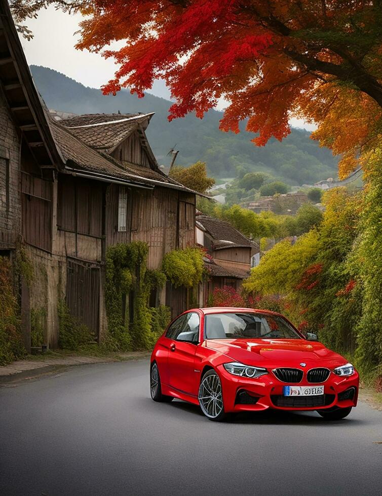 uma lindo BMW carro dentro uma lindo configuração foto