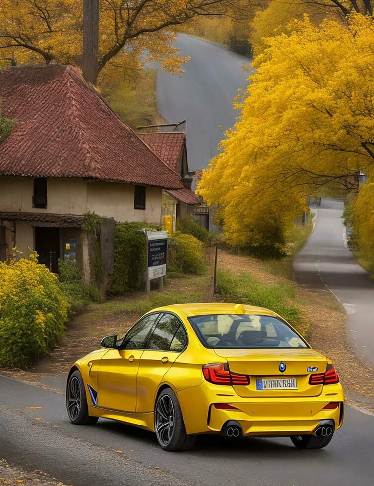 uma lindo BMW carro dentro uma lindo configuração foto