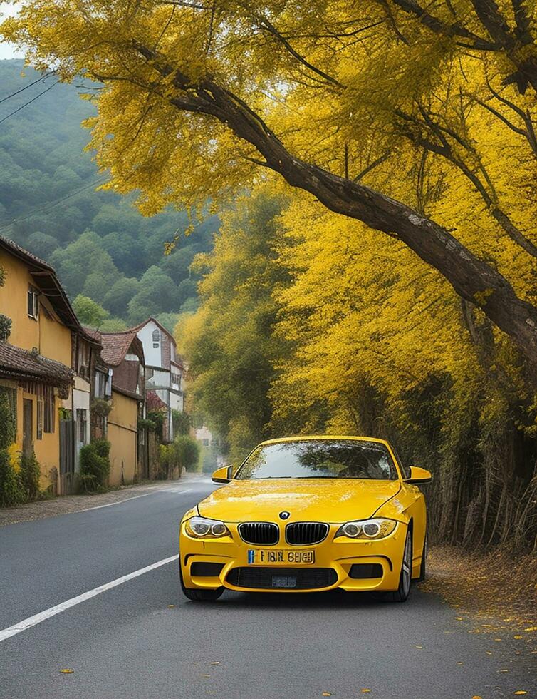 uma lindo BMW carro dentro uma lindo configuração foto