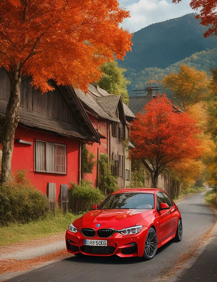 uma lindo BMW carro dentro uma lindo configuração foto