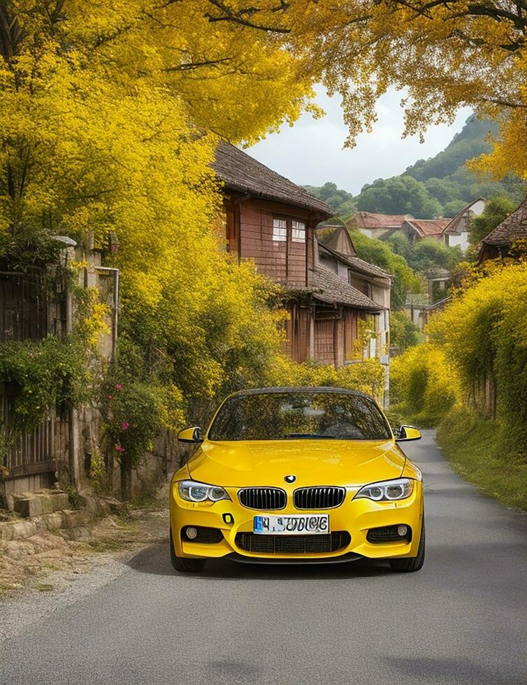 uma lindo BMW carro dentro uma lindo configuração foto