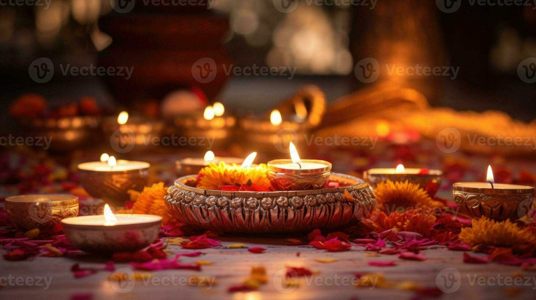 colorida tradicional óleo lâmpadas diya aceso durante diwali celebração. hindu festival do luzes celebração. ai gerado foto