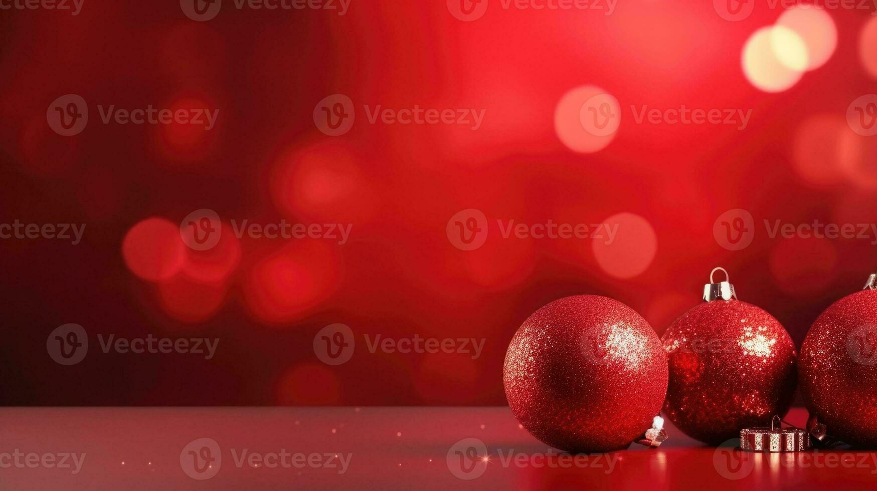 vermelho Natal enfeites decoração em vermelho borrado fundo com luzes. Novo ano cumprimento cartão. mínimo estilo. ai gerado foto