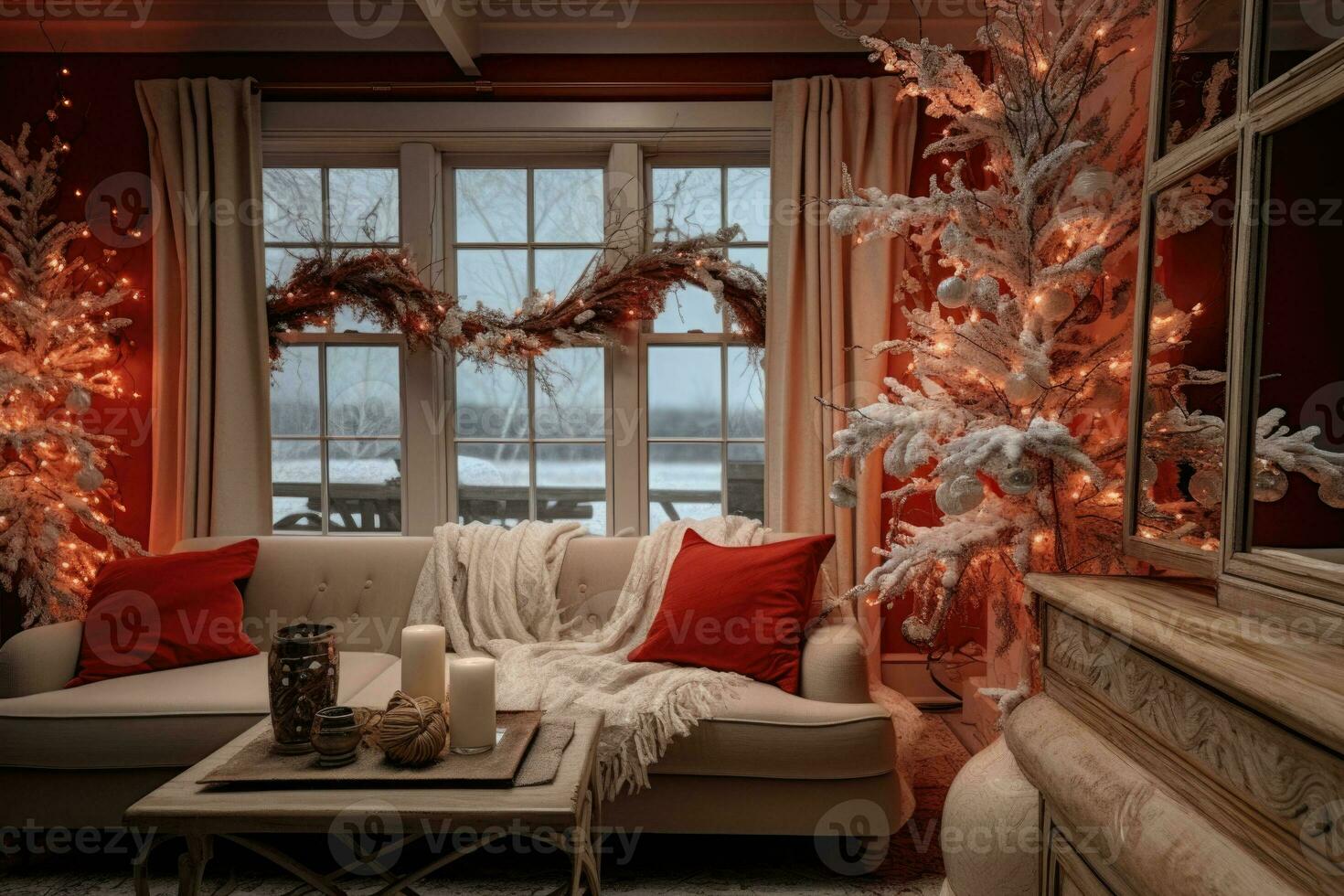 inverno casa decoração. Natal rústico interior. casa de fazenda decoração estilo. ai gerado foto