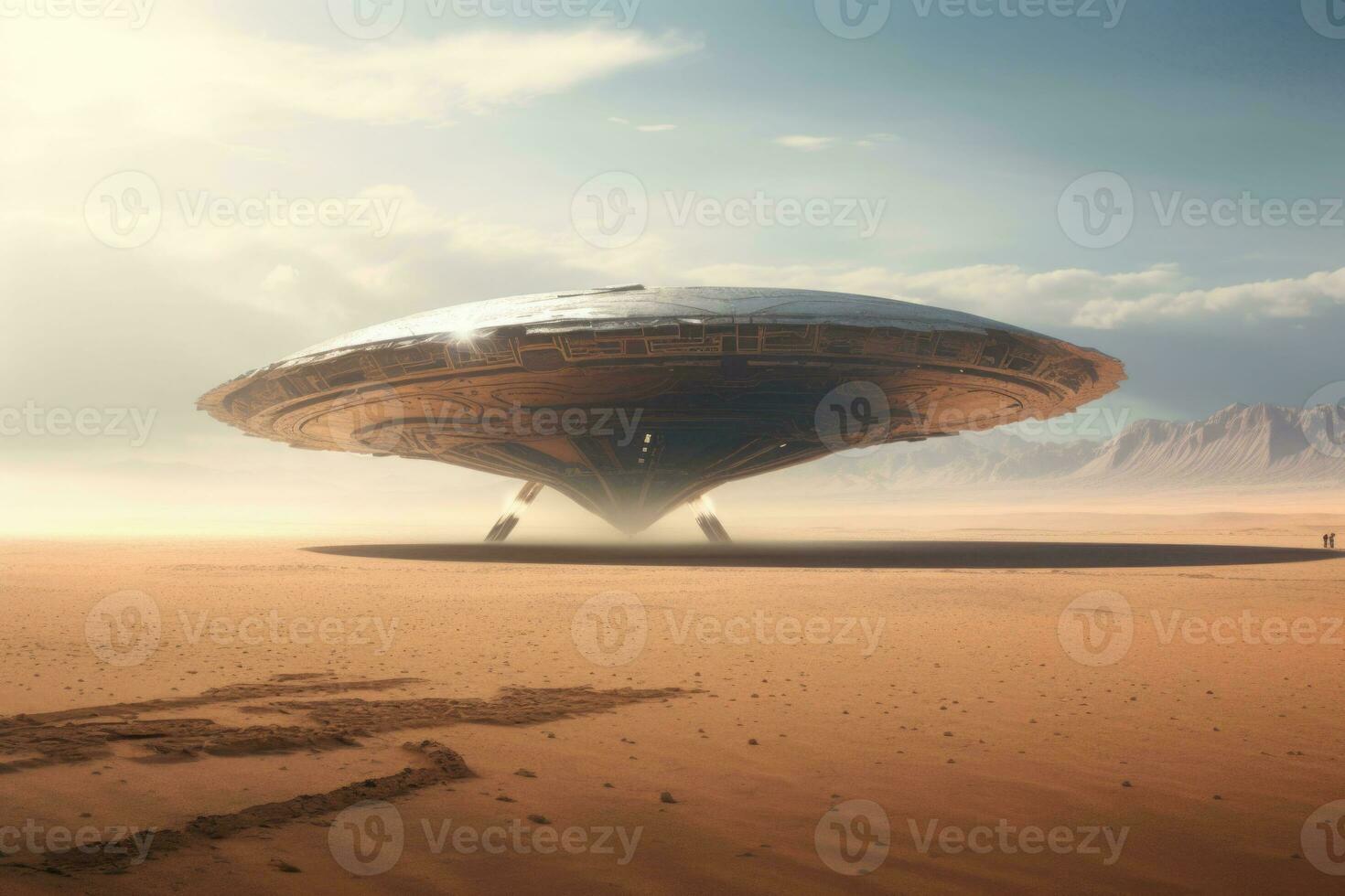 estrangeiro UFO vôo pires. nave espacial vôo sobre uma deserto. ai gerado foto