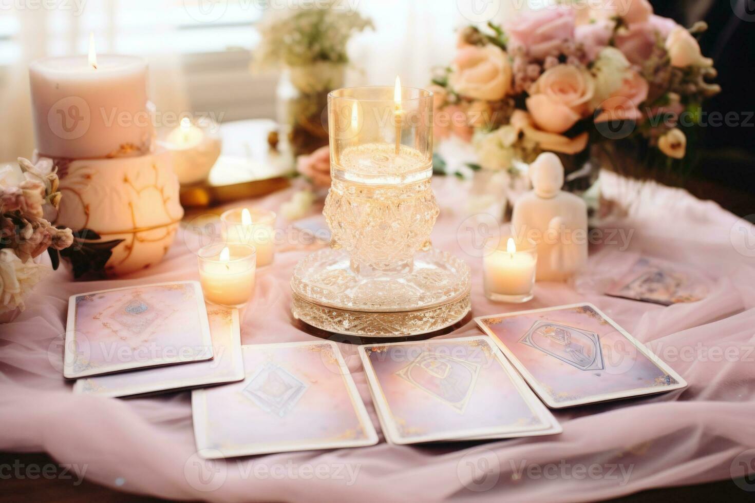 uma pilha do tarot cartões espalhados através uma mesa principal, queimando velas, bruxa Magia elementos dentro pastel cores. fortuna dizendo, tarot previsões. generativo ai foto