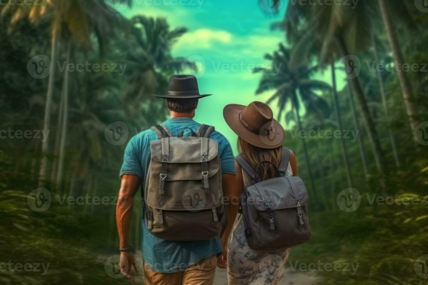 viajando homem e mulher com mochila dentro verão tropical fundo. generativo ai foto