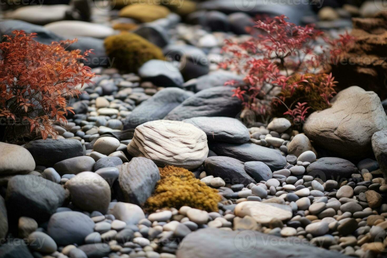 japonês Rocha jardim com cuidadosamente colocada pedras, plantas e areia. generativo ai foto