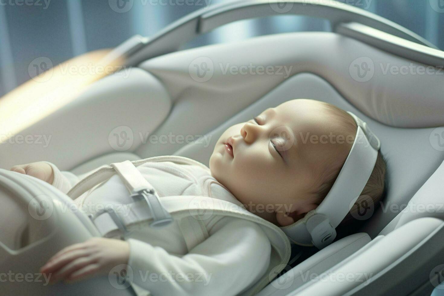 fofa pequeno bebê dormindo dentro uma bebê carro assento às lar. ai gerado pró foto
