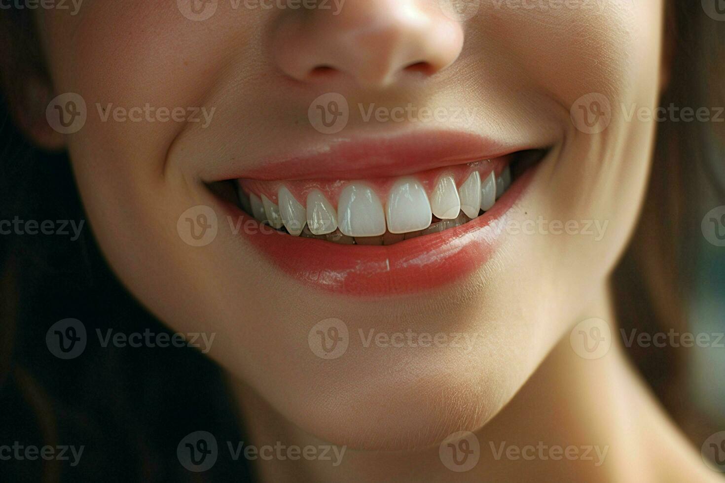 jovem mulher com lindo saudável sorriso, fechar-se. dental Cuidado. ai gerado pró foto